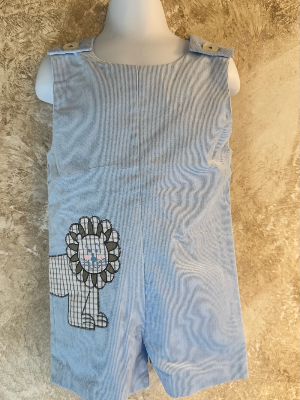 The Beaufort Bonnet Company Light Blue Corduroy Shortall with Lion Applique